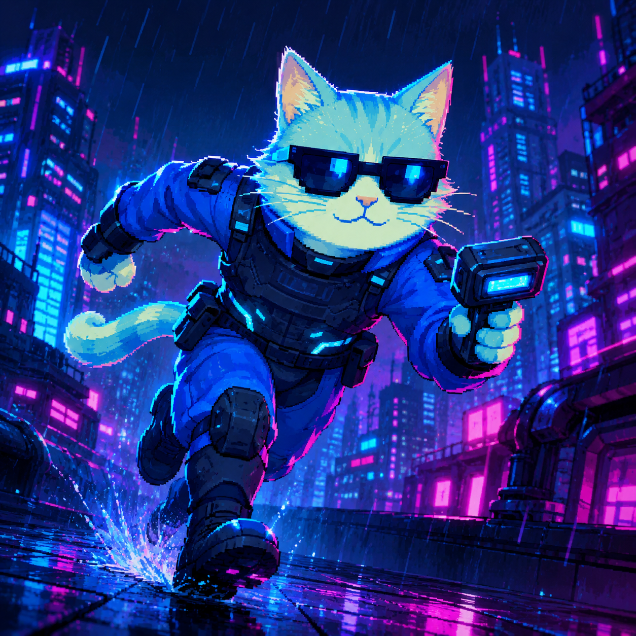 CyberCat sprinting through a rainy neon city