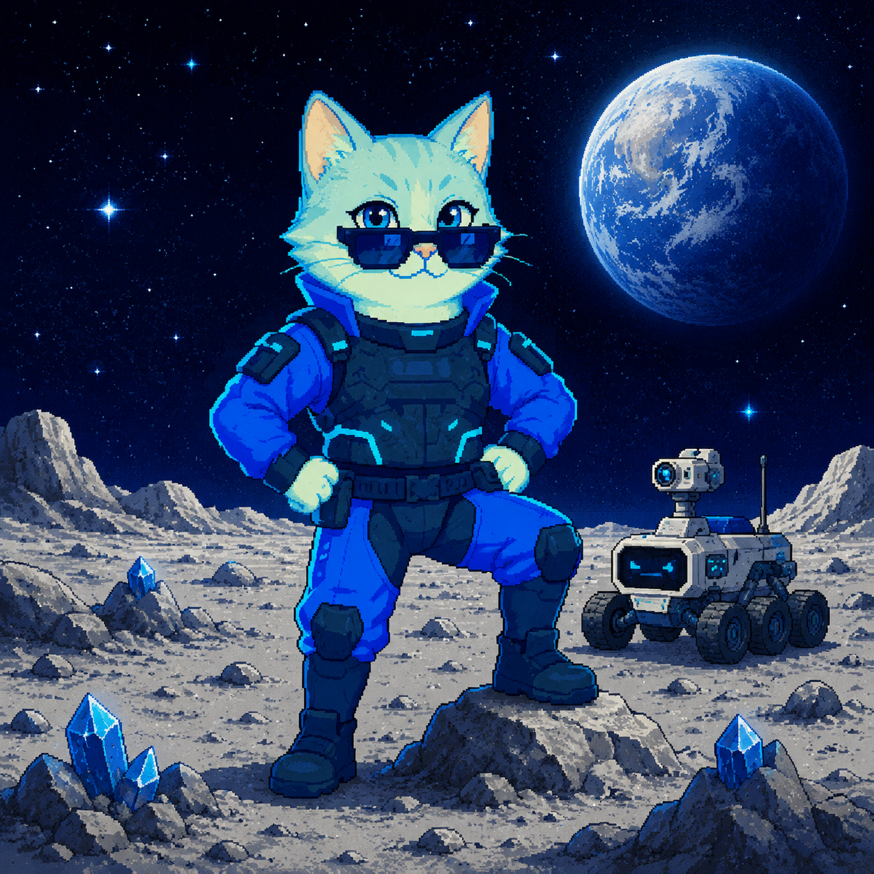 CyberCat standing on the moon beside a rover