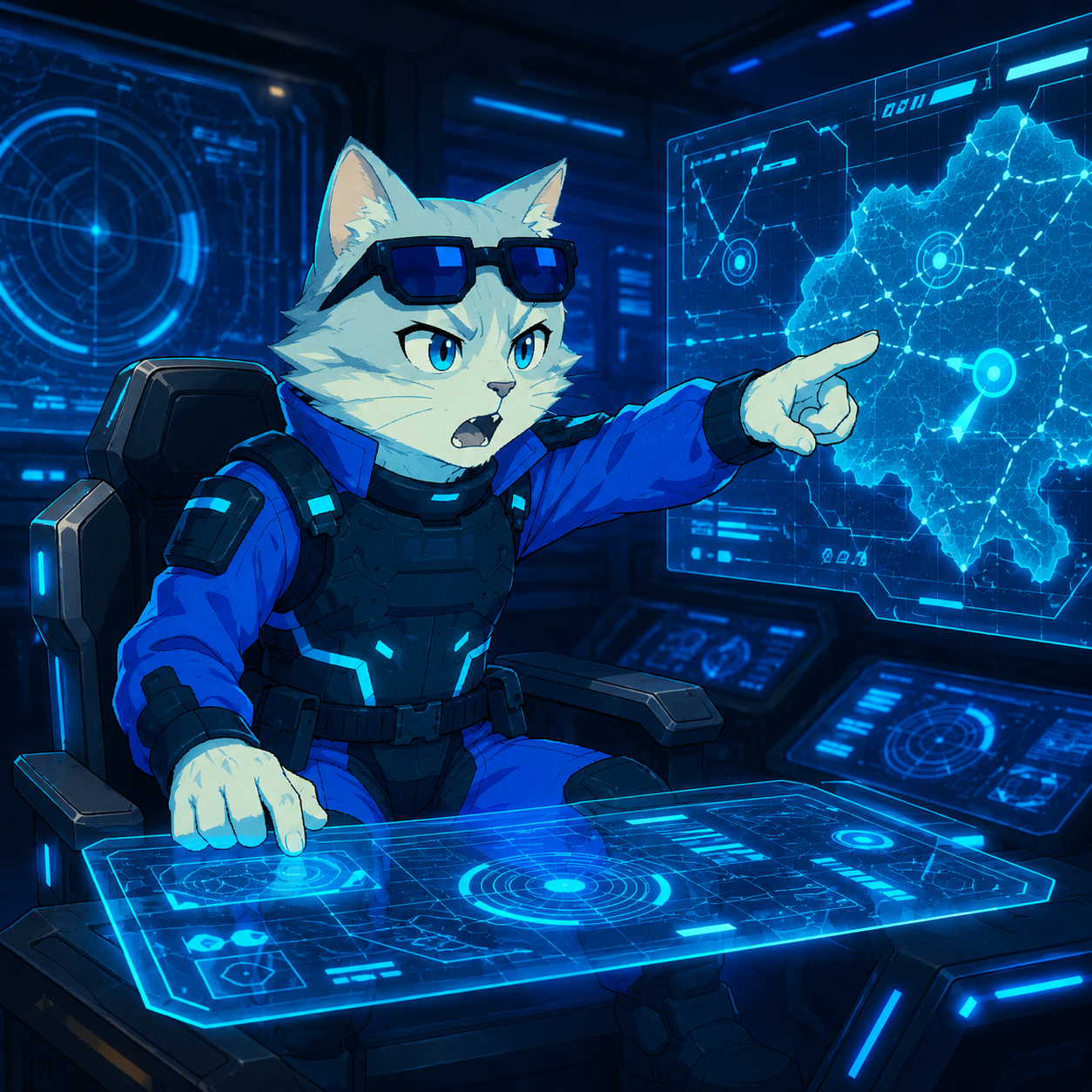 CyberCat calling out a target on a holographic command deck