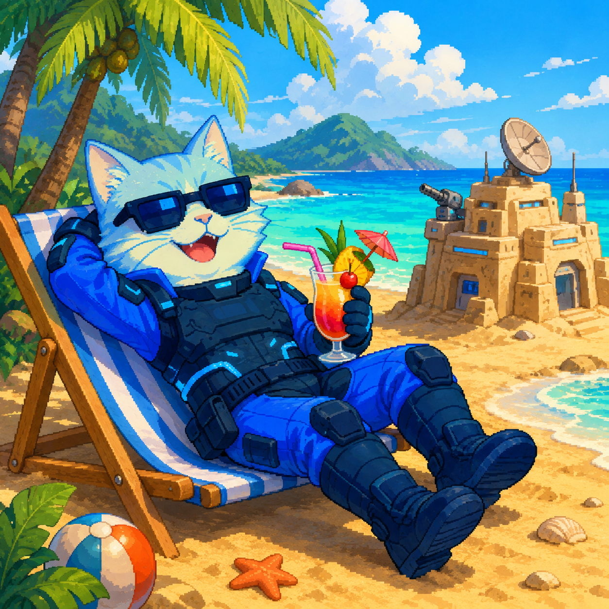 CyberCat relaxing on a beach beside a sandcastle base
